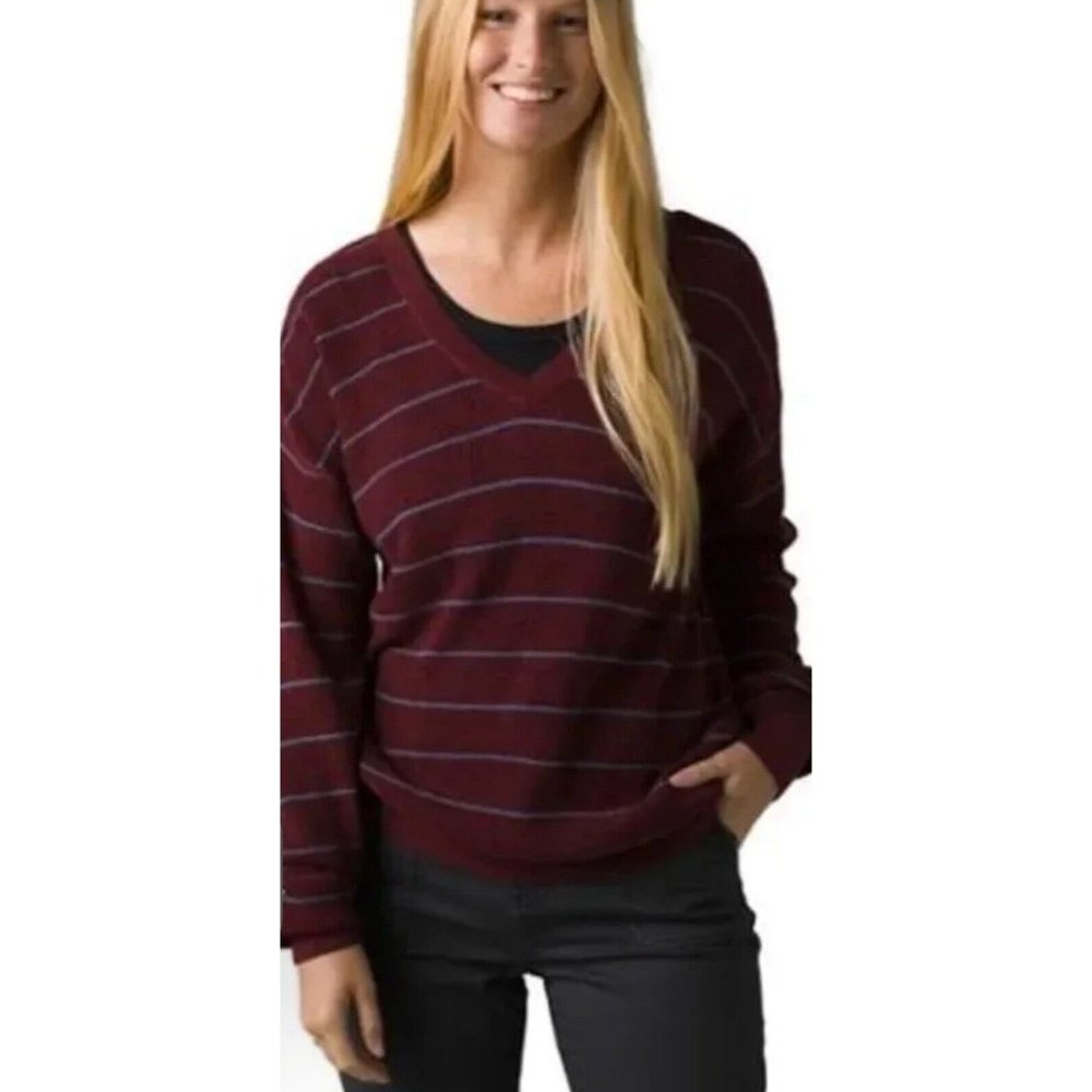 prAna Sweater Womens Small S Milani V-Neck Wool Cotton Blend Maroon Blue Stripe